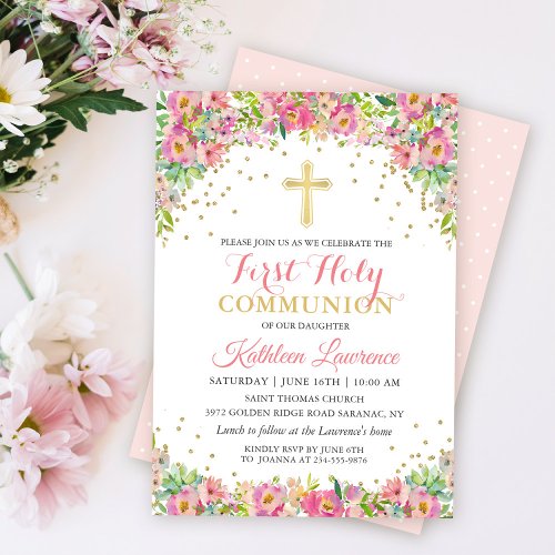 Gold Glitter Pink Floral First Holy Communion Invitation
