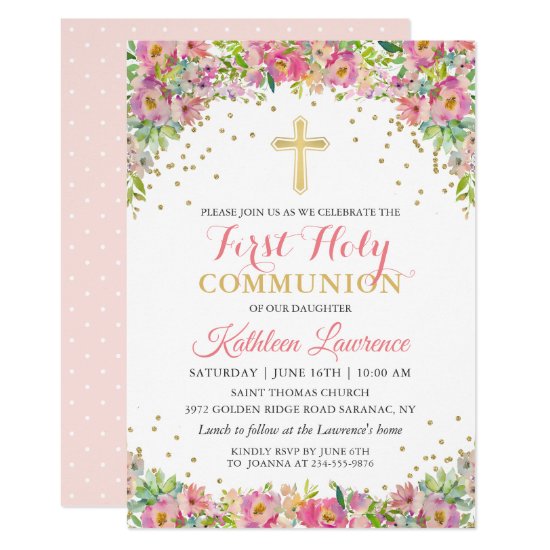 Gold Glitter Pink Floral First Holy Communion Invitation