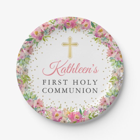 Gold Glitter Pink Floral First Holy Communion Paper Plate