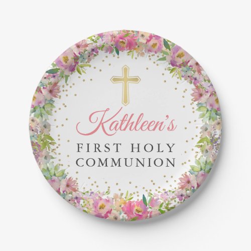 Gold Glitter Pink Floral First Holy Communion Paper Plates