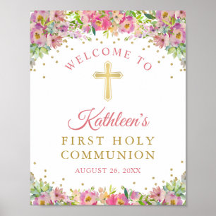 Gold Glitter Pink Floral First Holy Communion Poster
