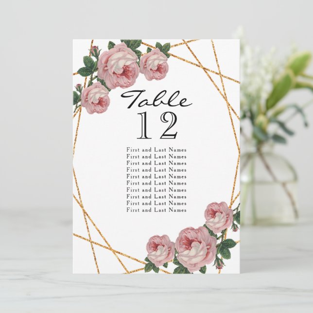 Gold Glitter Pink Floral Geo Table Number Seating (Standing Front)