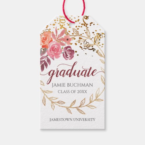Gold Glitter Pink Floral Graduate Gift Tags