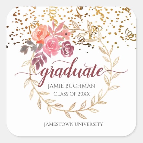 Gold Glitter Pink Floral Graduate Party Square Sticker