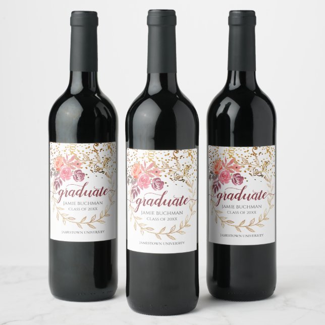 Gold Glitter Pink Floral Graduate Wine Label (Bottles)