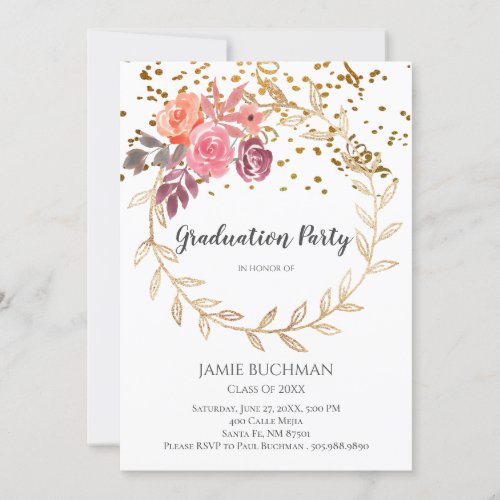 Gold Glitter Pink Floral Graduation Party On White Invitation