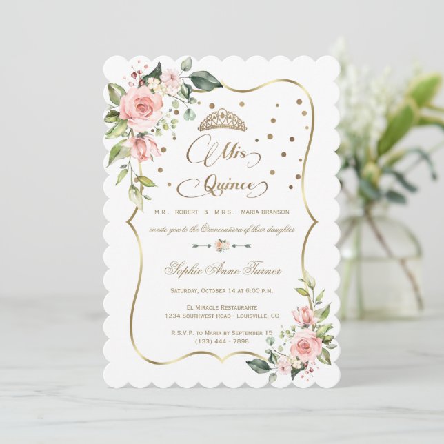 Gold Glitter Pink Floral Mis Quince Quinceañera  Invitation (Standing Front)
