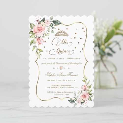 Gold Glitter Pink Floral Mis Quince Quinceaera  Invitation