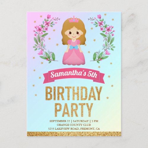 Gold Glitter Pink Floral Princess Birthday Party Invitation Postcard