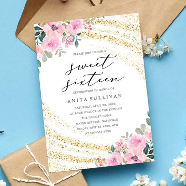 Gold Glitter Pink Floral Sweet Sixteen 16 Birthday Invitation (Creator Uploaded)