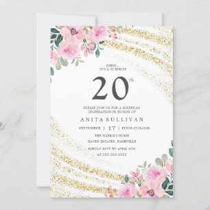 Gold Glitter Pink Floral Twenty 20th Birthday Invitation