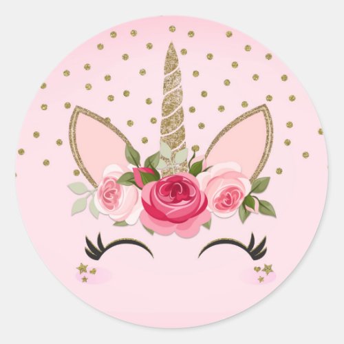 Gold Glitter  Pink Floral Unicorn Birthday Party Classic Round Sticker