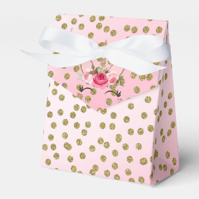 Gold Glitter & Pink Floral Unicorn Birthday Party Favor Boxes (Front Side)
