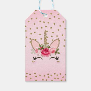 Gold Glitter & Pink Floral Unicorn Birthday Party Gift Tags
