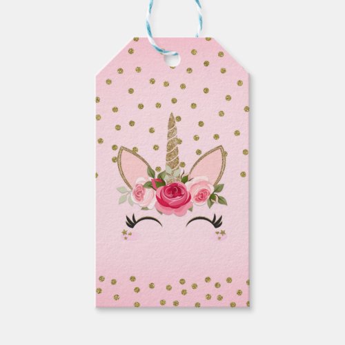 Gold Glitter  Pink Floral Unicorn Birthday Party Gift Tags