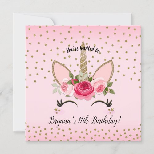 Gold Glitter  Pink Floral Unicorn Birthday Party Invitation