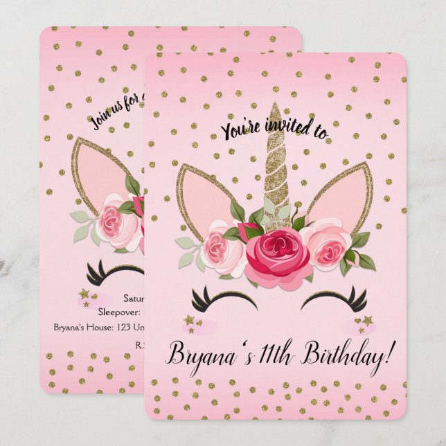 Gold Glitter & Pink Floral Unicorn Birthday Party Invitation (Front/Back)