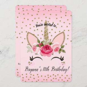Gold Glitter & Pink Floral Unicorn Birthday Party Invitation