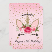 Gold Glitter & Pink Floral Unicorn Birthday Party Invitation