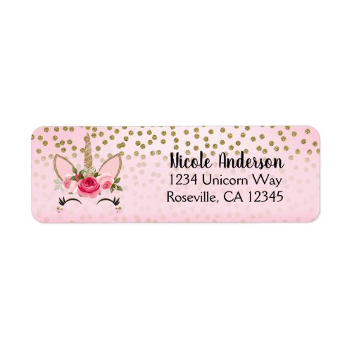 Gold Glitter  Pink Floral Unicorn Birthday Party Label