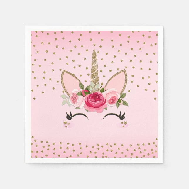 Gold Glitter & Pink Floral Unicorn Birthday Party Napkins (Front)
