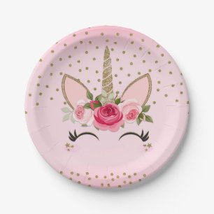 Gold Glitter & Pink Floral Unicorn Birthday Party Paper Plates