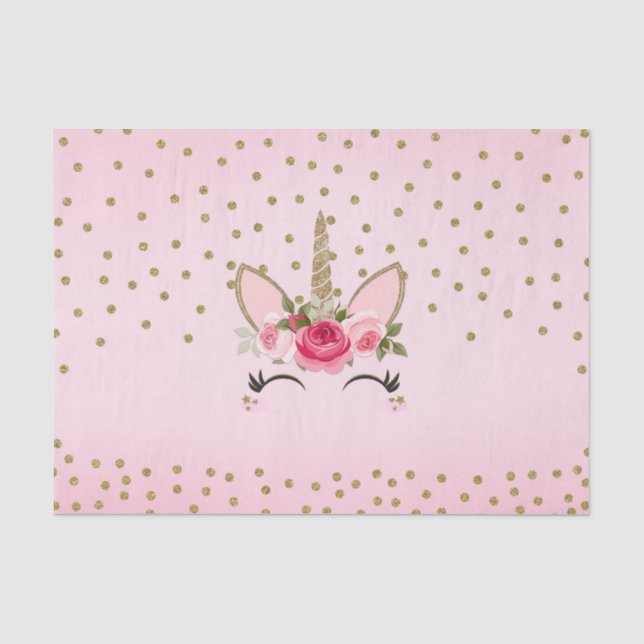 Gold Glitter & Pink Floral Unicorn Birthday Party Tissue Paper (Front)
