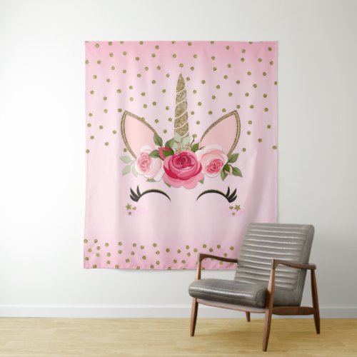 Gold Glitter  Pink Floral Unicorn Face Trendy Tapestry