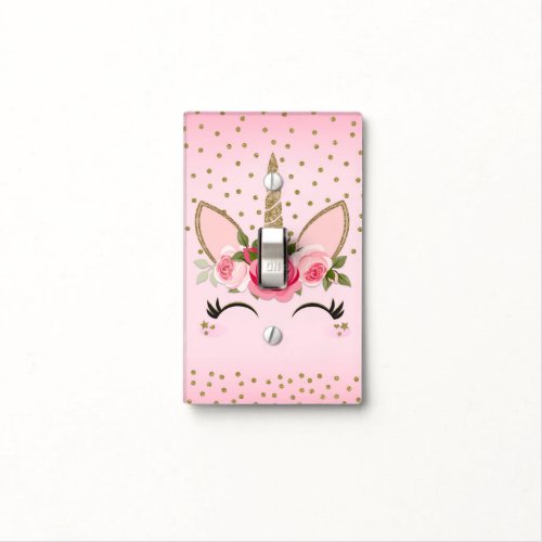 Gold Glitter  Pink Floral Unicorn Light Switch Cover