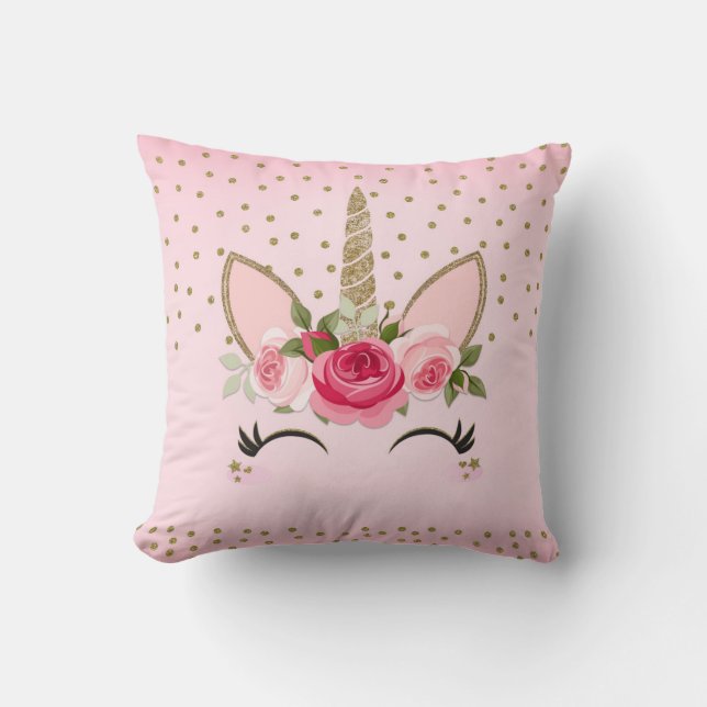 Gold Glitter & Pink Floral Unicorn Throw Pillow (Front)