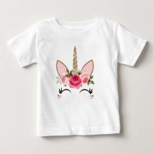 Gold Glitter  Pink Floral Unicorn Trendy Baby T_Shirt