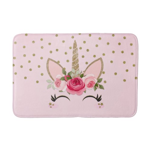 Gold Glitter  Pink Floral Unicorn Trendy Bath Mat