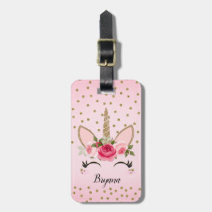 Gold Glitter & Pink Floral Unicorn Trendy Cute Luggage Tag