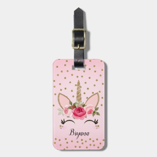 Gold Glitter  Pink Floral Unicorn Trendy Cute Luggage Tag