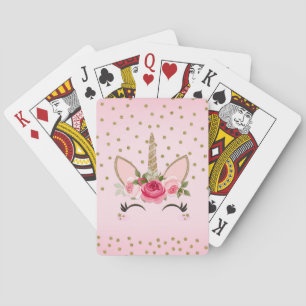 Gold Glitter & Pink Floral Unicorn Trendy Cute Poker Cards