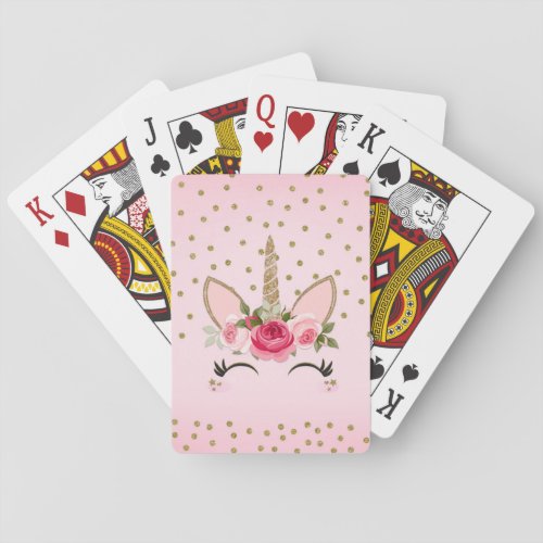Gold Glitter  Pink Floral Unicorn Trendy Cute Poker Cards