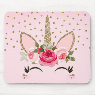Gold Glitter & Pink Floral Unicorn Trendy Mouse Pad