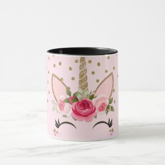 Gold Glitter & Pink Floral Unicorn Trendy Mug