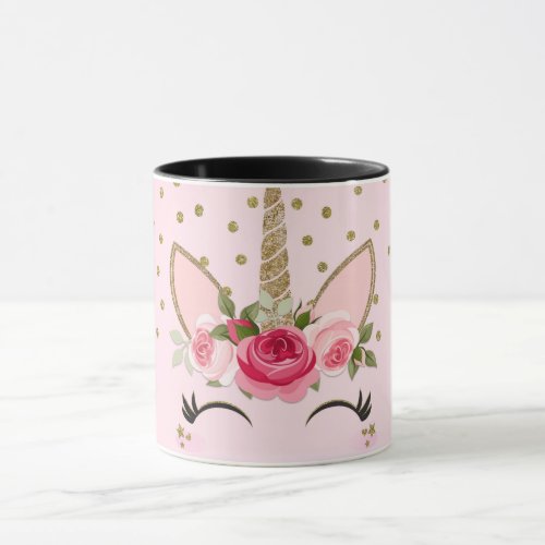 Gold Glitter  Pink Floral Unicorn Trendy Mug