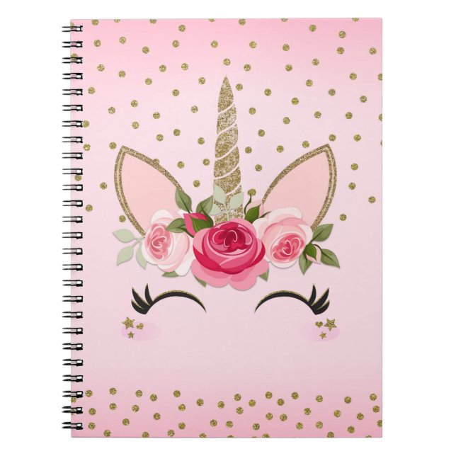 Gold Glitter & Pink Floral Unicorn Trendy Notebook (Front)