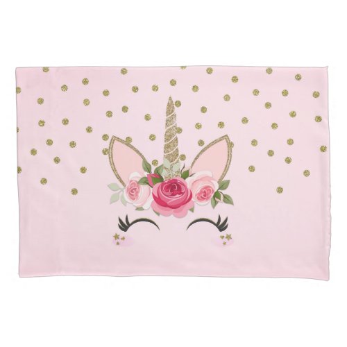 Gold Glitter  Pink Floral Unicorn Trendy Pillow Case