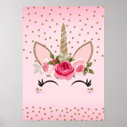 Gold Glitter  Pink Floral Unicorn Trendy Poster