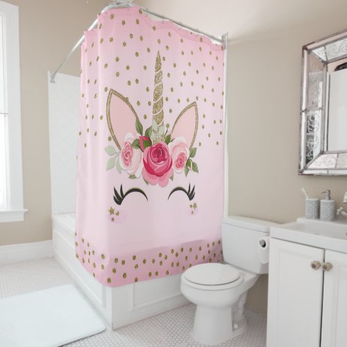 Gold Glitter  Pink Floral Unicorn Trendy Shower Curtain