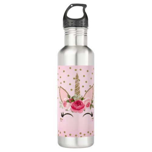 Gold Glitter  Pink Floral Unicorn Trendy Stainless Steel Water Bottle