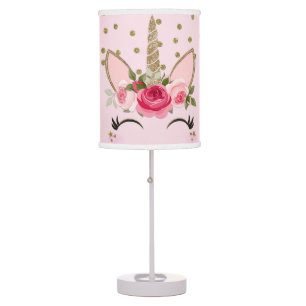Gold Glitter & Pink Floral Unicorn Trendy Table Lamp