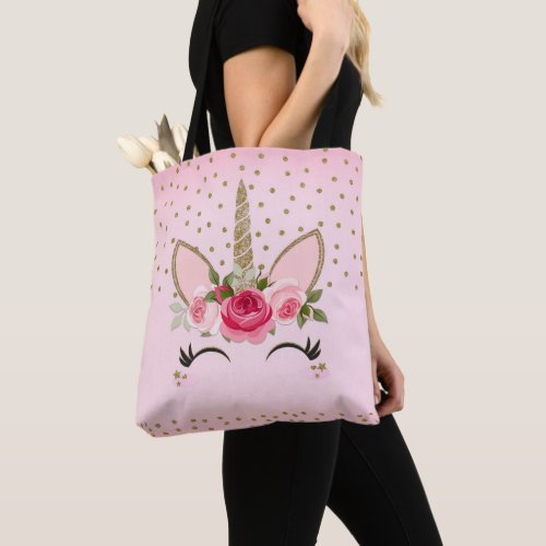 Gold Glitter  Pink Floral Unicorn Trendy Tote Bag