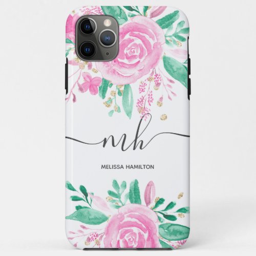 Gold glitter pink floral watercolor monogrammed iPhone 11 pro max case