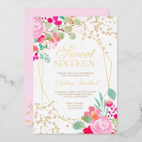 Gold glitter pink floral watercolor Sweet 16 Foil Invitation