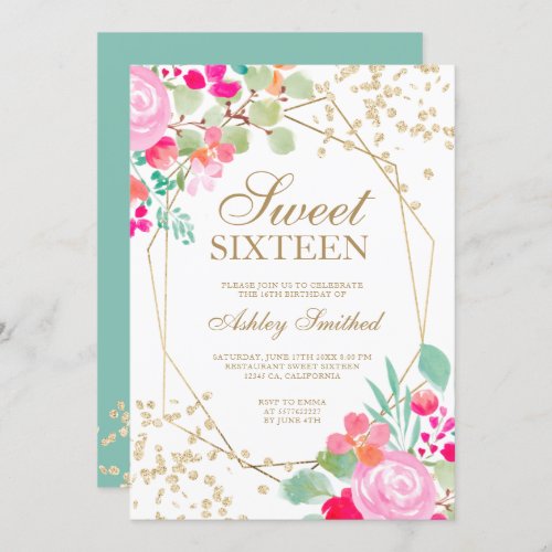 Gold glitter pink floral watercolor Sweet 16 Invitation