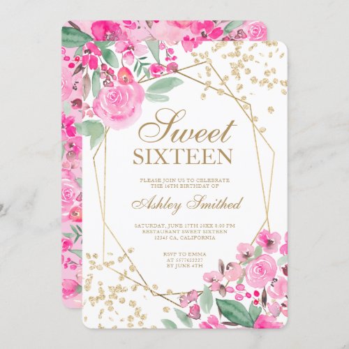 Gold glitter pink floral watercolor Sweet 16 Invitation
